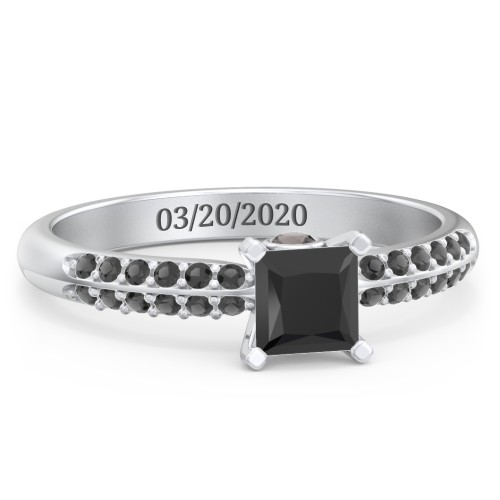 1/2 ct. Princess Gemstone Peek-A-Boo Engagement Ring with Double Row Accents – Sterling Silver with Black Premium Zirconia and Smokey Quartz