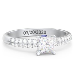 1/2 ct. Princess Gemstone Peek-A-Boo Engagement Ring with Double Row Accents – 9kt Yellow Gold with White Premium Zirconia and Blue Sapphire