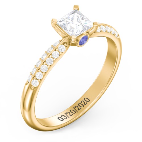 1/2 ct. Princess Gemstone Peek-A-Boo Engagement Ring with Double Row Accents – 9kt Yellow Gold with White Premium Zirconia and Blue Sapphire