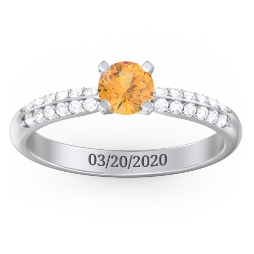 1/2 ct. Round Gemstone Engagement Ring with Double Row Accents – Sterling Silver with Citrine and White Premium Zirconia