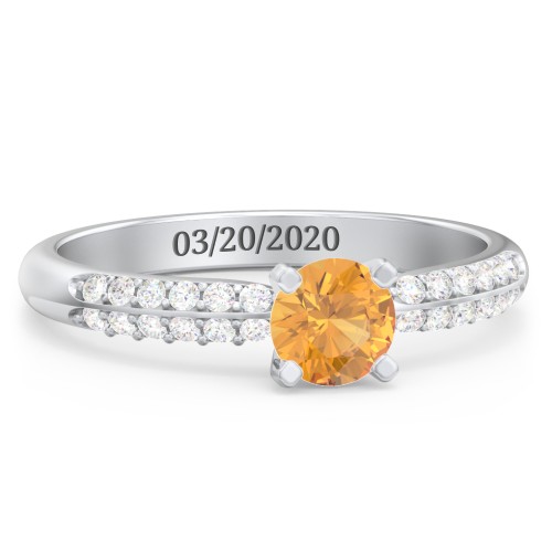 1/2 ct. Round Gemstone Engagement Ring with Double Row Accents – Sterling Silver with Citrine and White Premium Zirconia