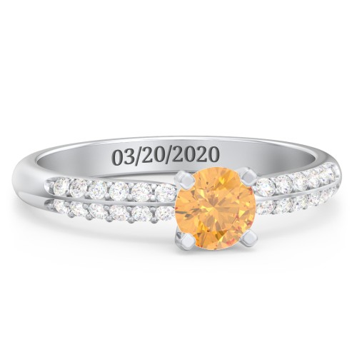 1/2 ct. Round Gemstone Engagement Ring with Double Row Accents – Sterling Silver with Citrine and White Premium Zirconia