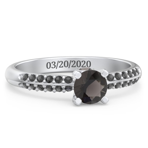 1/2 ct. Round Gemstone Peek-A-Boo Engagement Ring with Double Row Accents – Sterling Silver with Smokey Quartz and Black Premium Zirconia