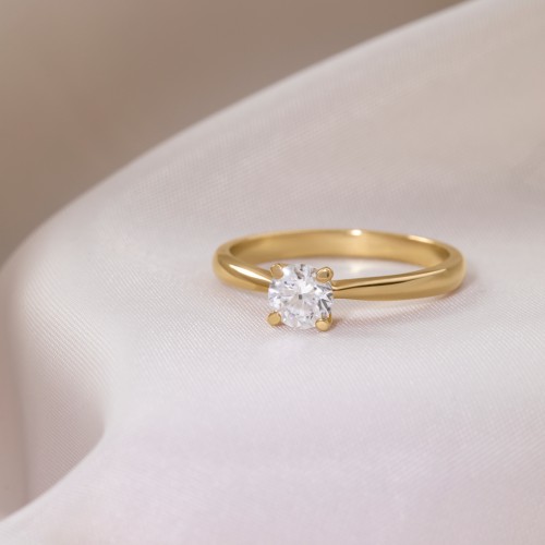 1/2 ct. Round Gemstone Engagement Ring with Tapered Band – 9kt Yellow Gold with Cubic Zirconia