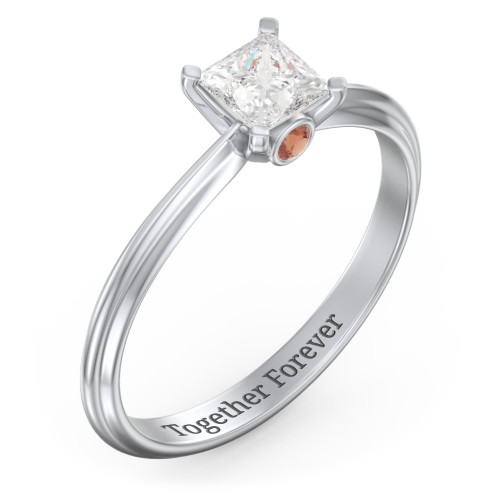 1/2 ct. Princess Gemstone Peek-A-Boo Engagement Ring with Ridged Band – Sterling Silver with White Premium Zirconia and Garnet