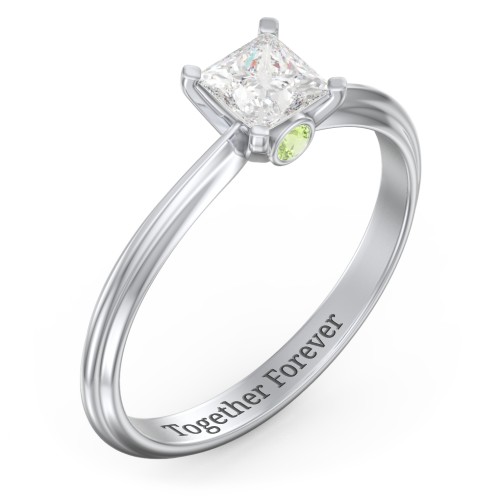 1/2 ct. Princess Gemstone Peek-A-Boo Engagement Ring with Ridged Band – Sterling Silver with White Premium Zirconia and Peridot