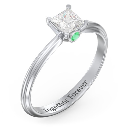 1/2 ct. Princess Gemstone Peek-A-Boo Engagement Ring with Ridged Band – Sterling Silver with White Premium Zirconia and Emerald