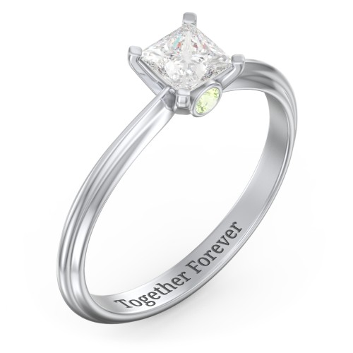 1/2 ct. Princess Gemstone Peek-A-Boo Engagement Ring with Ridged Band – Sterling Silver with White Premium Zirconia and Peridot