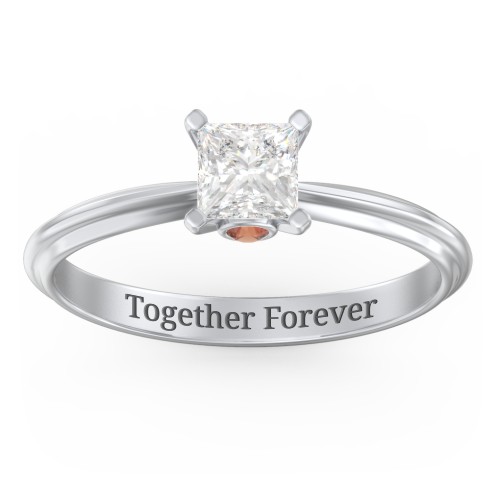 1/2 ct. Princess Gemstone Peek-A-Boo Engagement Ring with Ridged Band – Sterling Silver with White Premium Zirconia and Garnet