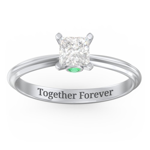 1/2 ct. Princess Gemstone Peek-A-Boo Engagement Ring with Ridged Band – Sterling Silver with White Premium Zirconia and Emerald