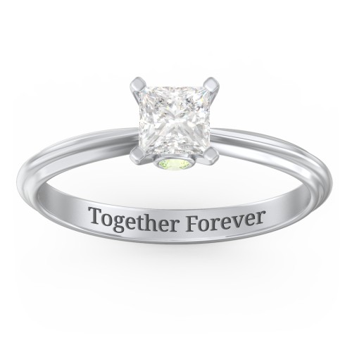 1/2 ct. Princess Gemstone Peek-A-Boo Engagement Ring with Ridged Band – Sterling Silver with White Premium Zirconia and Peridot