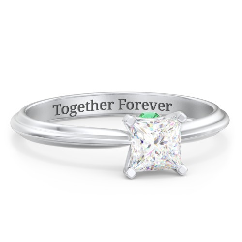 1/2 ct. Princess Gemstone Peek-A-Boo Engagement Ring with Ridged Band – Sterling Silver with White Premium Zirconia and Emerald
