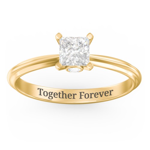 1/2 ct. Princess Gemstone Peek-A-Boo Engagement Ring with Ridged Band – 9kt Yellow Gold with White Premium Zirconia and Cubic Zirconia