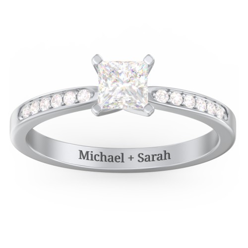 1/2 ct. Princess Gemstone Engagement Ring with Side Accent Stones – Sterling Silver with Lab Diamond and Diamond