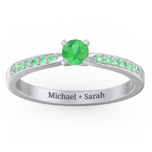 1/4 ct. Round Gemstone Engagement Ring with Side Accent Stones – Sterling Silver with Emerald and Green Premium Zirconia