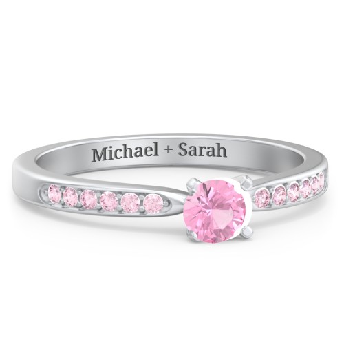 1/4 ct. Round Gemstone Engagement Ring with Side Accent Stones – Sterling Silver with Pink Tourmaline and Fancy Pink Premium Zirconia