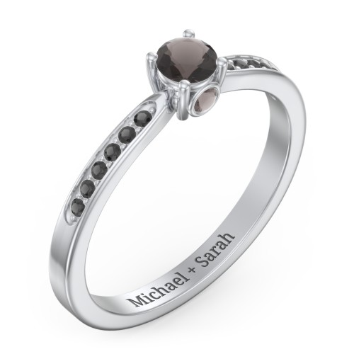 1/4 ct. Round Gemstone Peek-A-Boo Engagement Ring with Side Accent Stones – Sterling Silver with Smokey Quartz and Black Premium Zirconia