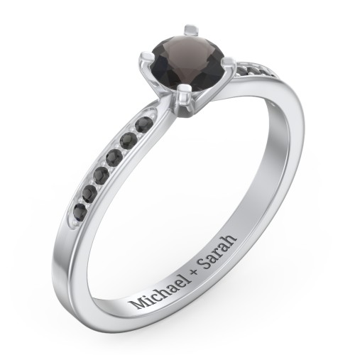 1/2 ct. Round Gemstone Engagement Ring with Side Accent Stones – Sterling Silver with Smokey Quartz and Black Premium Zirconia