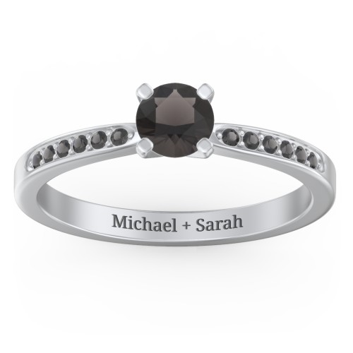 1/2 ct. Round Gemstone Engagement Ring with Side Accent Stones – Sterling Silver with Smokey Quartz and Black Premium Zirconia