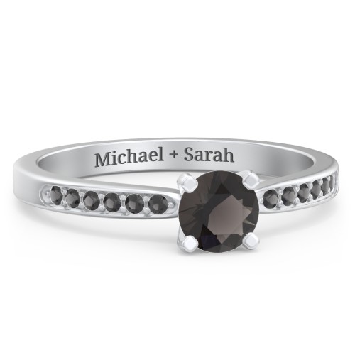 1/2 ct. Round Gemstone Engagement Ring with Side Accent Stones – Sterling Silver with Smokey Quartz and Black Premium Zirconia