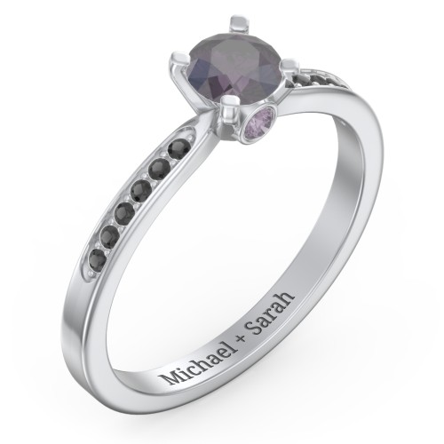 1/2 ct. Round Gemstone Peek-A-Boo Engagement Ring with Side Accent Stones – Sterling Silver with Alexandrite and Black Premium Zirconia