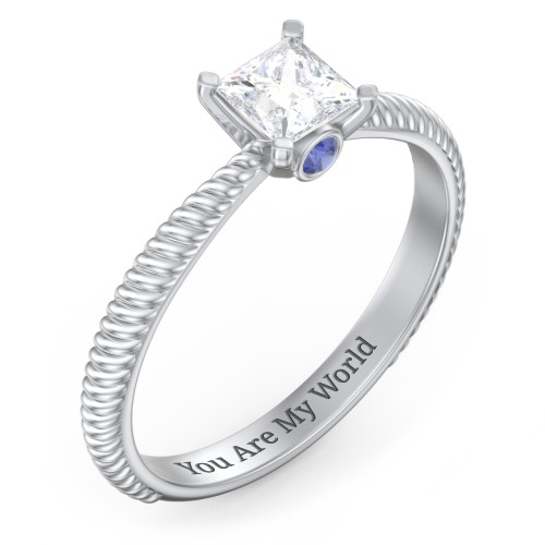 1/2 ct. Princess Gemstone Peek-A-Boo Engagement Ring with Twisted Rope Band – Sterling Silver with White Premium Zirconia and Blue Sapphire