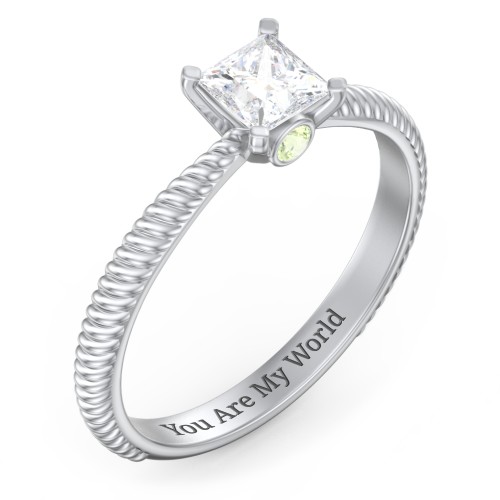 1/2 ct. Princess Gemstone Peek-A-Boo Engagement Ring with Twisted Rope Band – Sterling Silver with White Premium Zirconia and Peridot