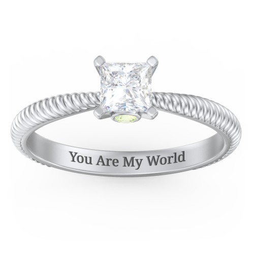 1/2 ct. Princess Gemstone Peek-A-Boo Engagement Ring with Twisted Rope Band – Sterling Silver with White Premium Zirconia and Peridot