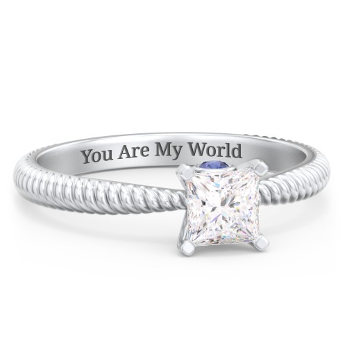 1/2 ct. Princess Gemstone Peek-A-Boo Engagement Ring with Twisted Rope Band – Sterling Silver with White Premium Zirconia and Blue Sapphire