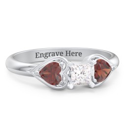 1/4 ct. Princess Gemstone Engagement Ring with Heart Stones in 925 Sterling Silver with White Premium Zirconia and Garnet
