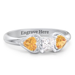 1/4 ct. Princess Gemstone Engagement Ring with Heart Stones in 925 Sterling Silver with White Premium Zirconia and Citrine