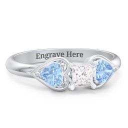 1/4 ct. Princess Gemstone Engagement Ring with Heart Stones in 925 Sterling Silver with White Premium Zirconia and Blue Topaz