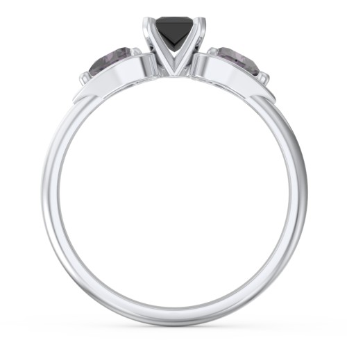 1/4 ct. Princess Gemstone Engagement Ring with Heart Stones – Sterling Silver with Black Premium Zirconia and Alexandrite