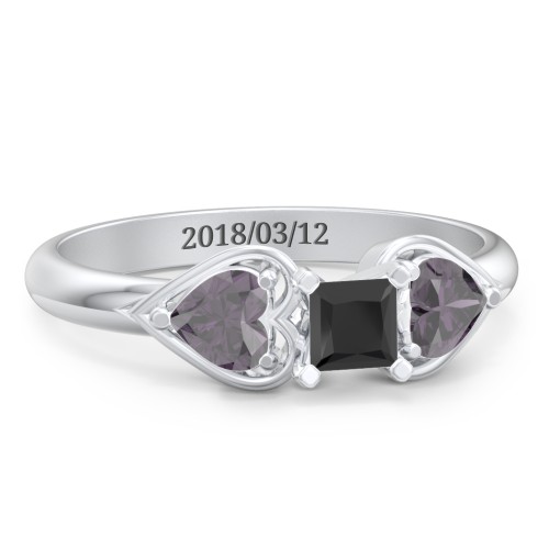 1/4 ct. Princess Gemstone Engagement Ring with Heart Stones – Sterling Silver with Black Premium Zirconia and Alexandrite
