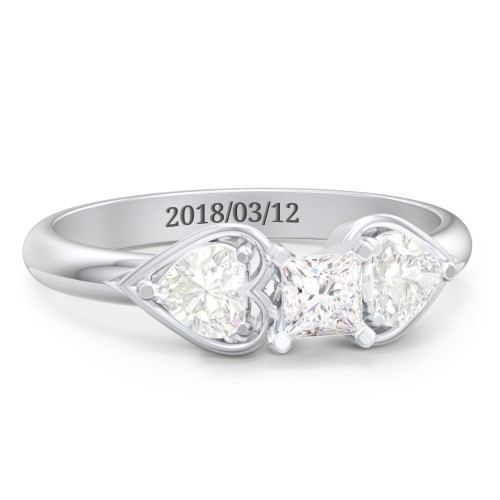 1/4 ct. Princess Gemstone Engagement Ring with Heart Stones – Sterling Silver with White Premium Zirconia and Cubic Zirconia