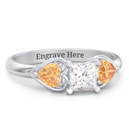 1/2 ct. Princess Gemstone Engagement Ring with Heart Stones in 925 Sterling Silver with White Premium Zirconia and Citrine