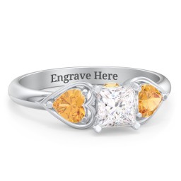 1/2 ct. Princess Gemstone Peek-A-Boo Engagement Ring with Heart Stones in 925 Sterling Silver with White Premium Zirconia and Citrine