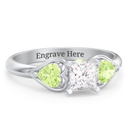 1/2 ct. Princess Gemstone Peek-A-Boo Engagement Ring with Heart Stones in 925 Sterling Silver with White Premium Zirconia and Peridot