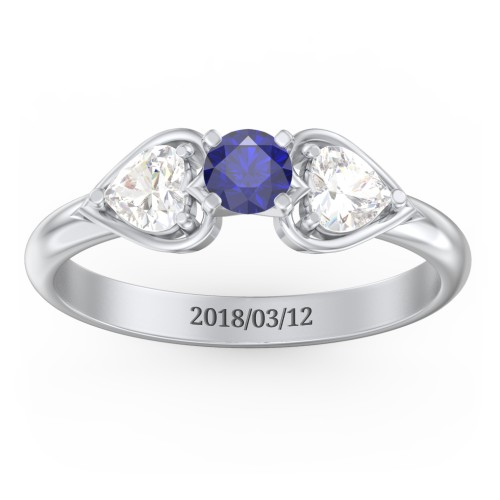1/4 ct. Round Gemstone Engagement Ring with Heart Stones – Sterling Silver with Blue Sapphire and Cubic Zirconia
