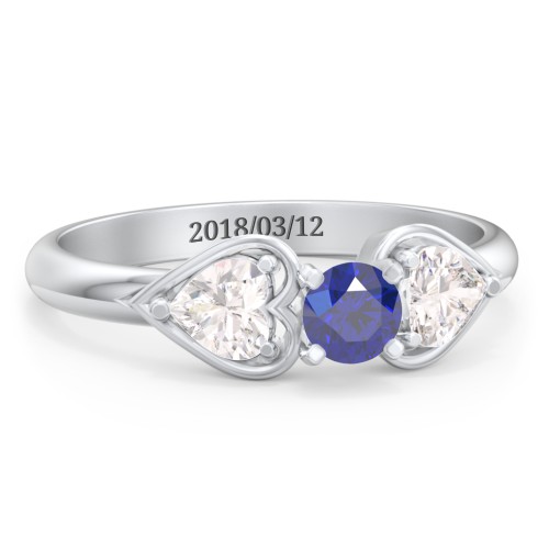 1/4 ct. Round Gemstone Engagement Ring with Heart Stones – Sterling Silver with Blue Sapphire and Cubic Zirconia