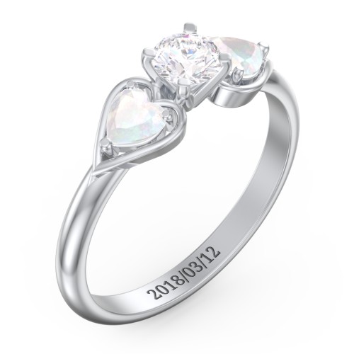 1/3 ct. Round Gemstone Engagement Ring with Heart Stones – Sterling Silver with White Premium Zirconia and Opal