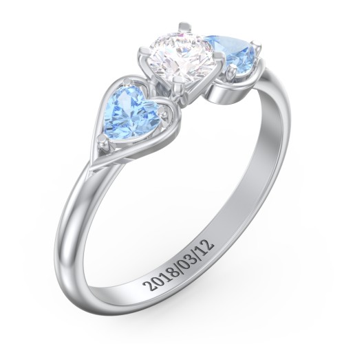 1/3 ct. Round Gemstone Engagement Ring with Heart Stones – Sterling Silver with White Premium Zirconia and Blue Topaz