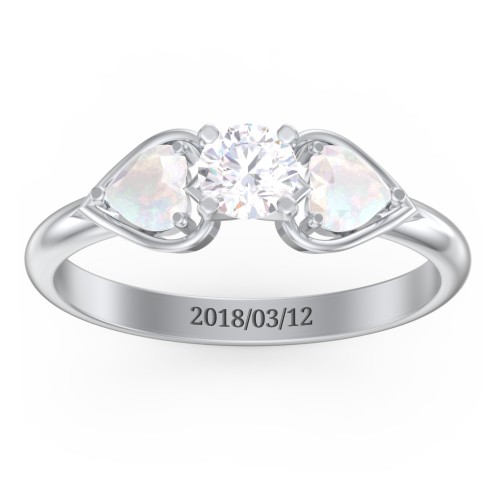 1/3 ct. Round Gemstone Engagement Ring with Heart Stones – Sterling Silver with White Premium Zirconia and Opal
