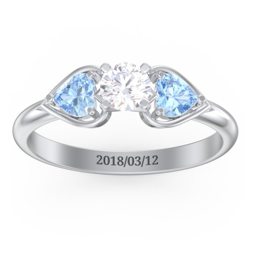 1/3 ct. Round Gemstone Engagement Ring with Heart Stones – Sterling Silver with White Premium Zirconia and Blue Topaz