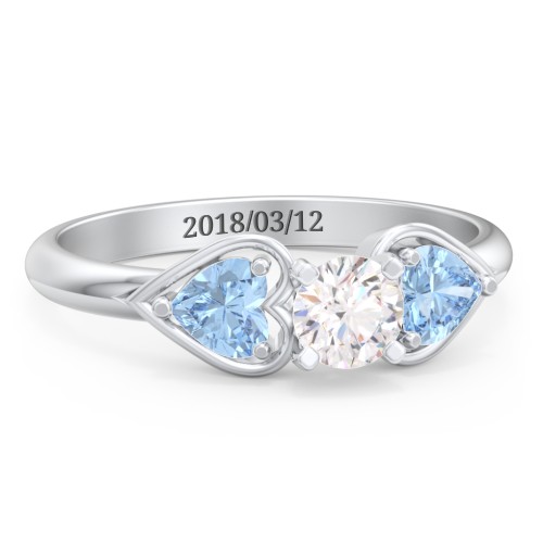 1/3 ct. Round Gemstone Engagement Ring with Heart Stones – Sterling Silver with White Premium Zirconia and Blue Topaz