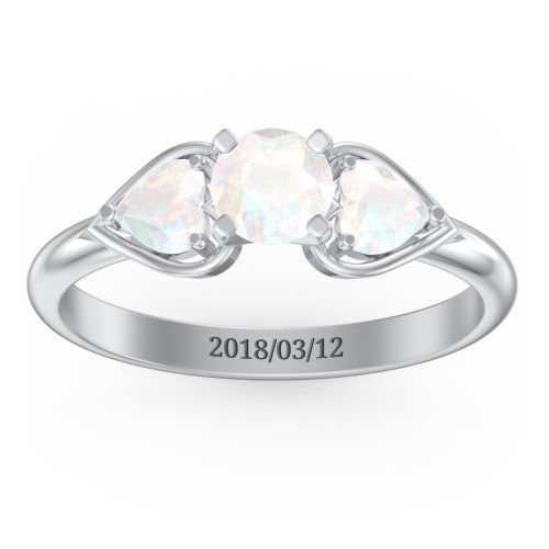 1/2 ct. Round Gemstone Engagement Ring with Heart Stones – Sterling Silver with Opal