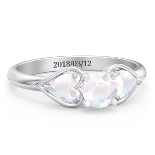 1/2 ct. Round Gemstone Engagement Ring with Heart Stones – Sterling Silver with Opal
