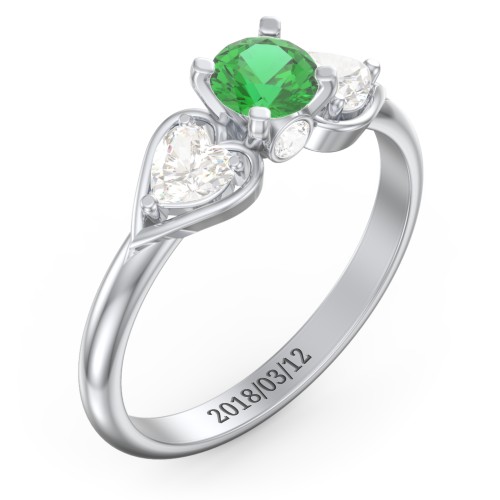 1/2 ct. Round Gemstone Peek-A-Boo Engagement Ring with Heart Stones – Sterling Silver with Emerald and Cubic Zirconia