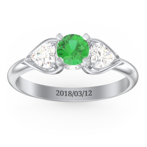 1/2 ct. Round Gemstone Peek-A-Boo Engagement Ring with Heart Stones – Sterling Silver with Emerald and Cubic Zirconia