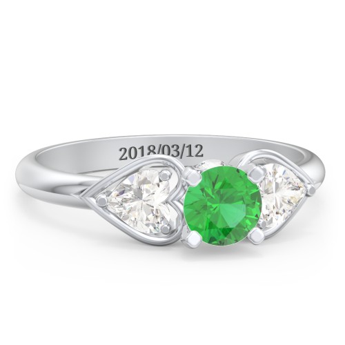 1/2 ct. Round Gemstone Peek-A-Boo Engagement Ring with Heart Stones – Sterling Silver with Emerald and Cubic Zirconia